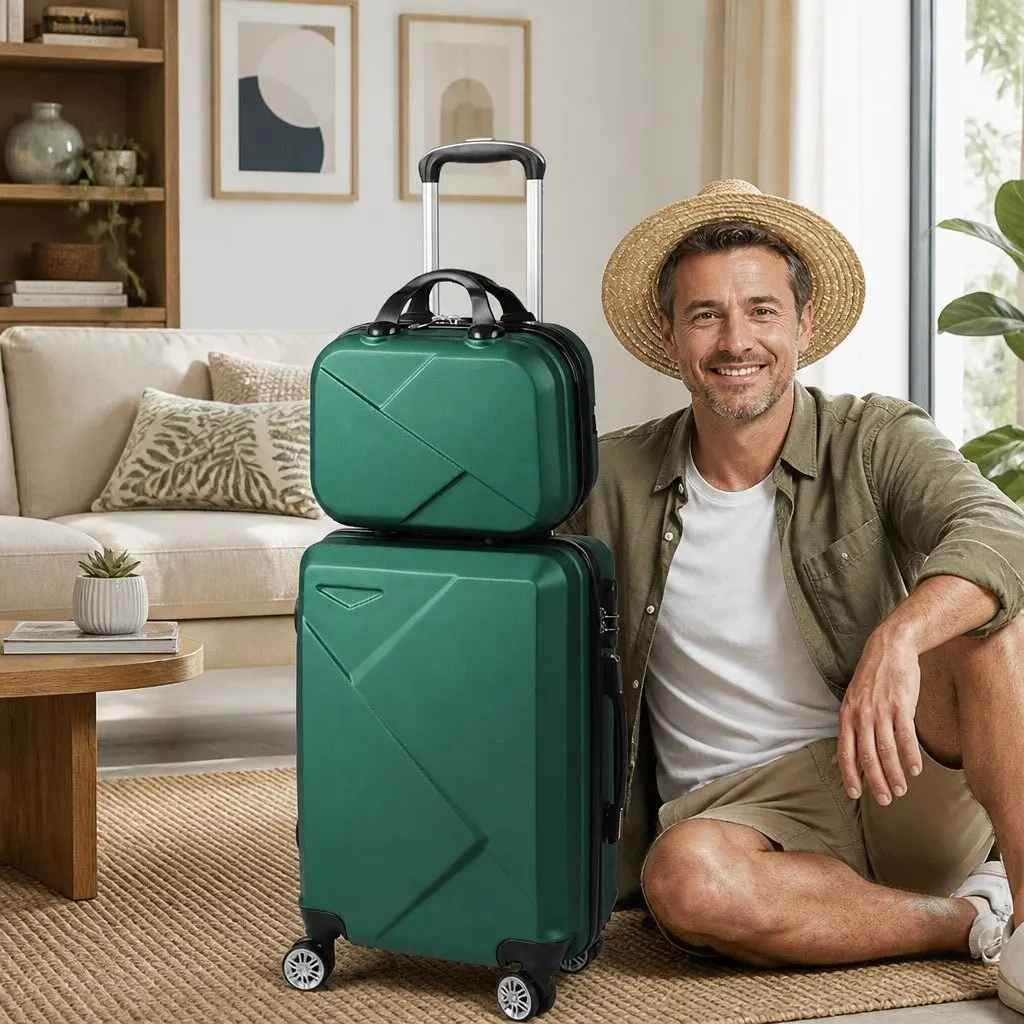 Travel Luggage Set 2 Piece Green 20 Inch Suitcase 12 Inch Vanity Bag Carry-On Trolley