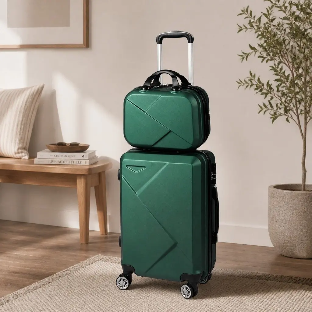 Travel Luggage Set 2 Piece Green 20 Inch Suitcase 12 Inch Vanity Bag Carry-On Trolley
