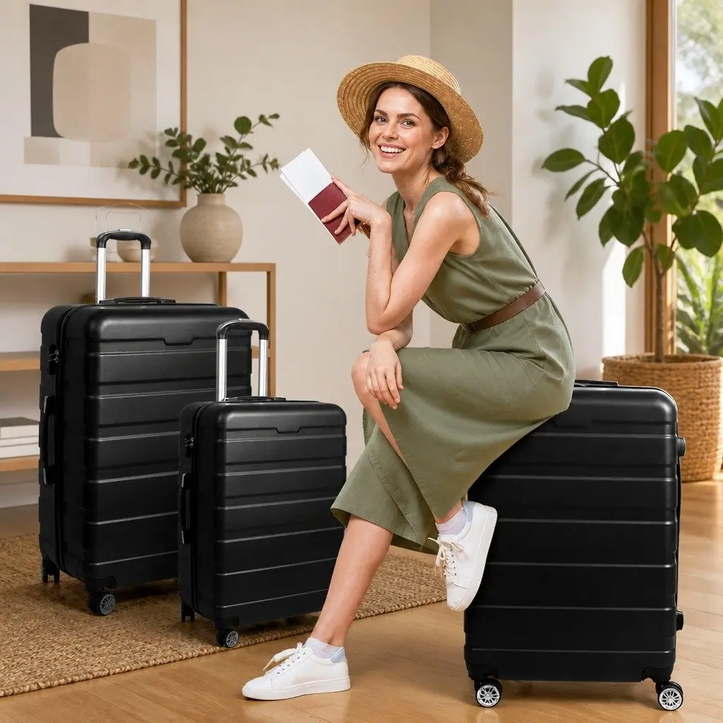 3 Piece Hard Shell Luggage Set Lightweight Suitcases with Spinner Wheels and Aluminium Handle in Black
