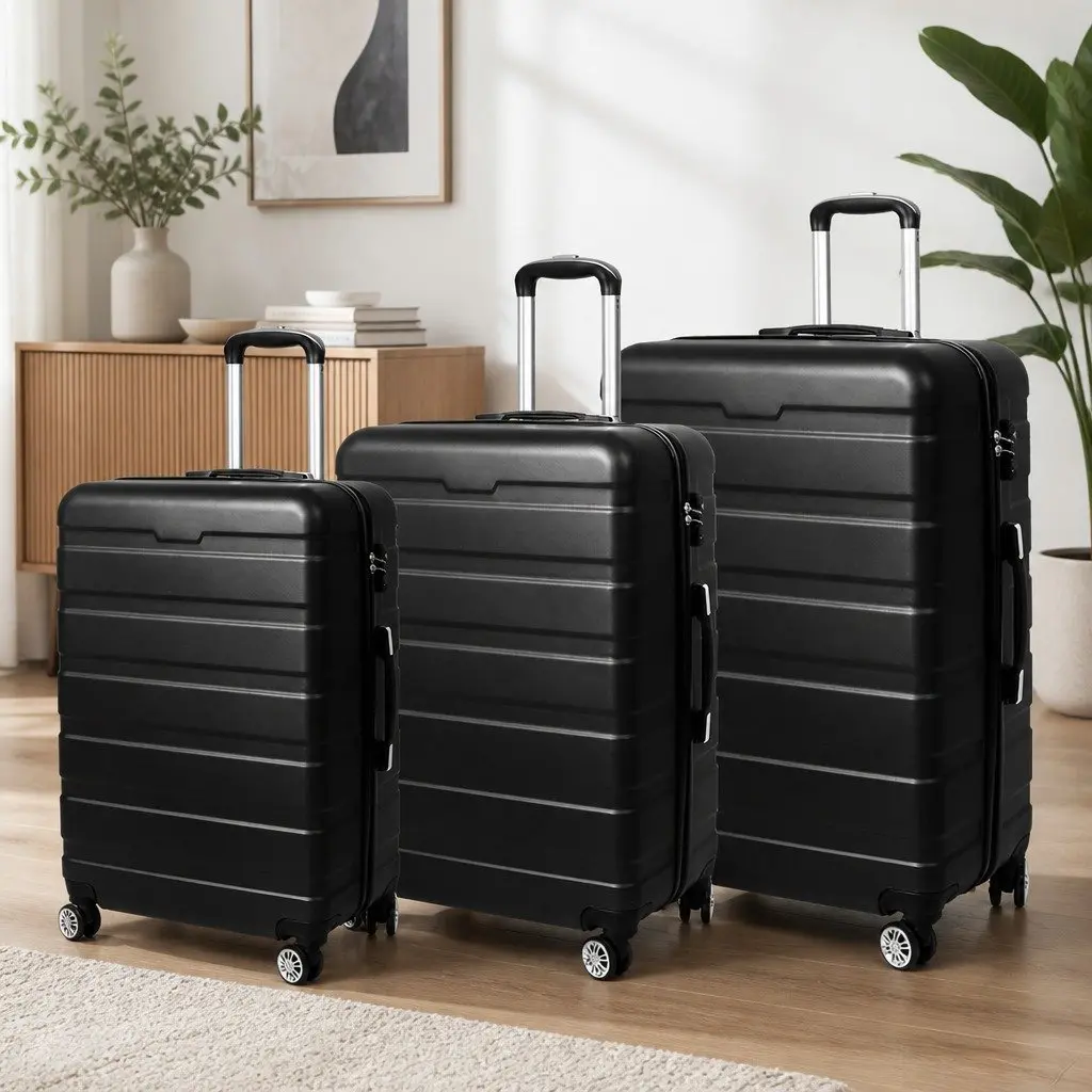 3 Piece Hard Shell Luggage Set Lightweight Suitcases with Spinner Wheels and Aluminium Handle in Black