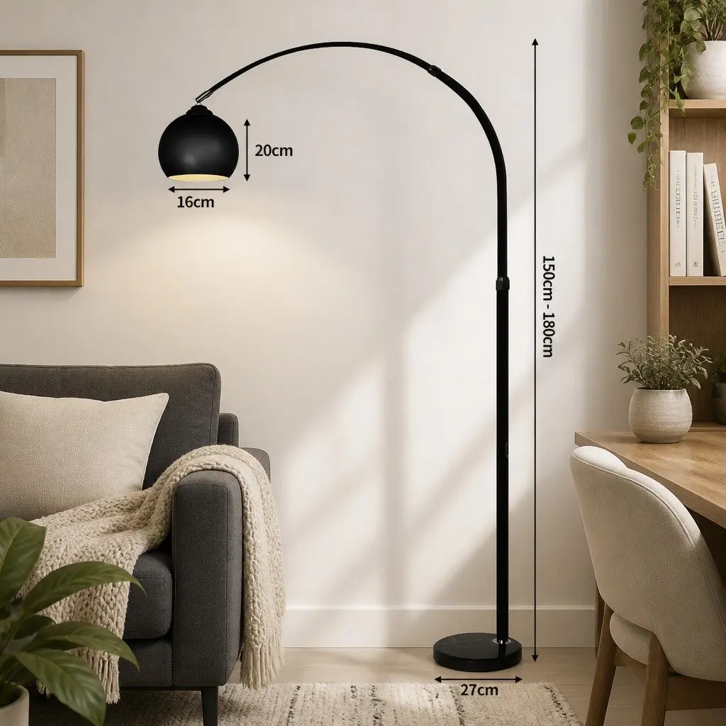 Floor Lamp Modern Adjustable Arm Marble Base Black 150cm to 180cm