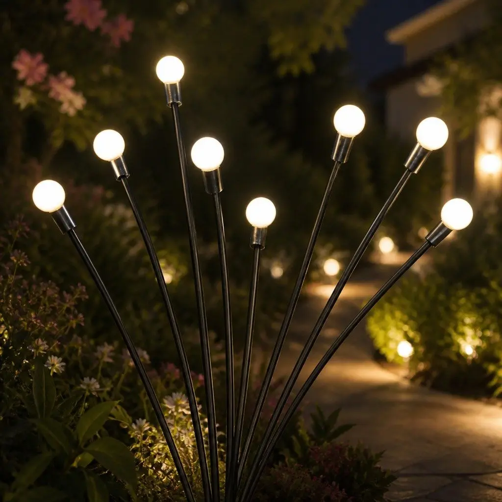 Solar Lawn Lights 8 LED Flexible Heads Warm White 73cm Height