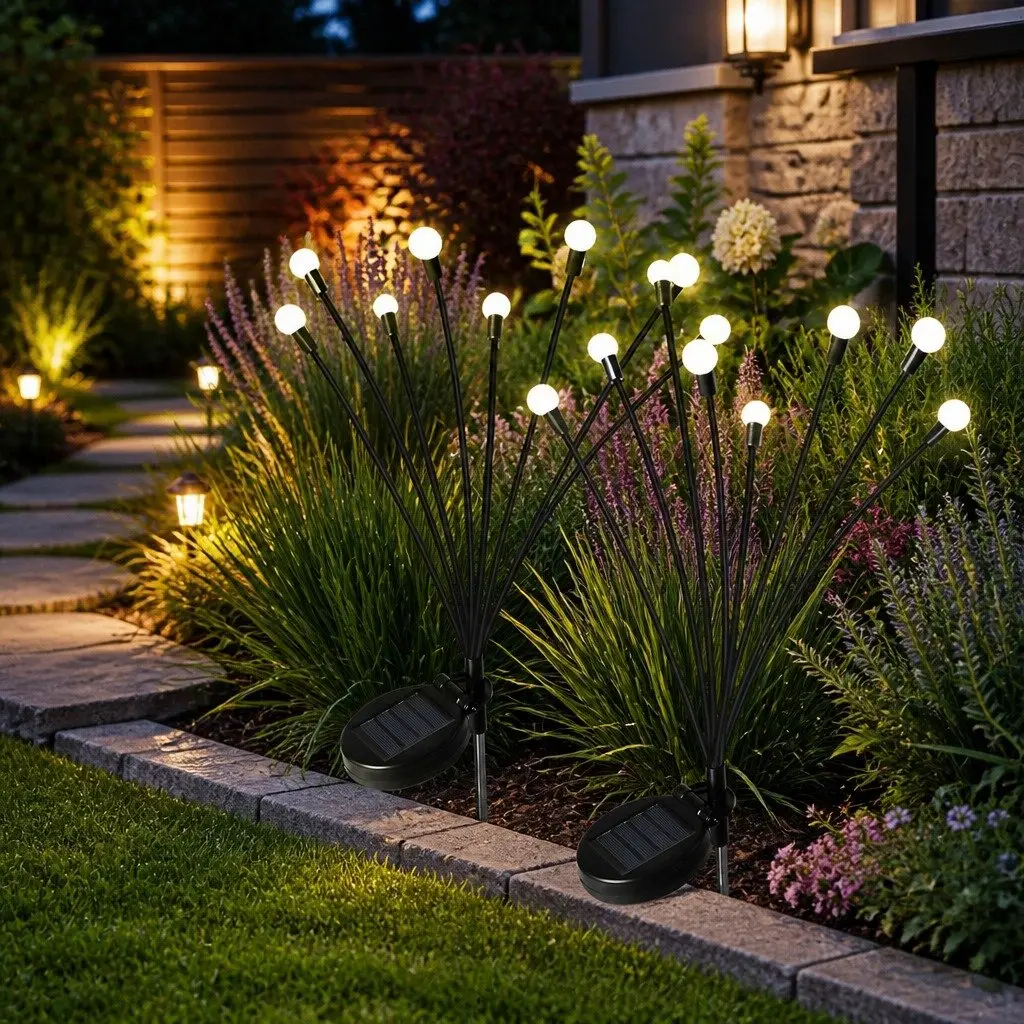 Solar Lawn Lights 8 LED Flexible Heads Warm White 73cm Height