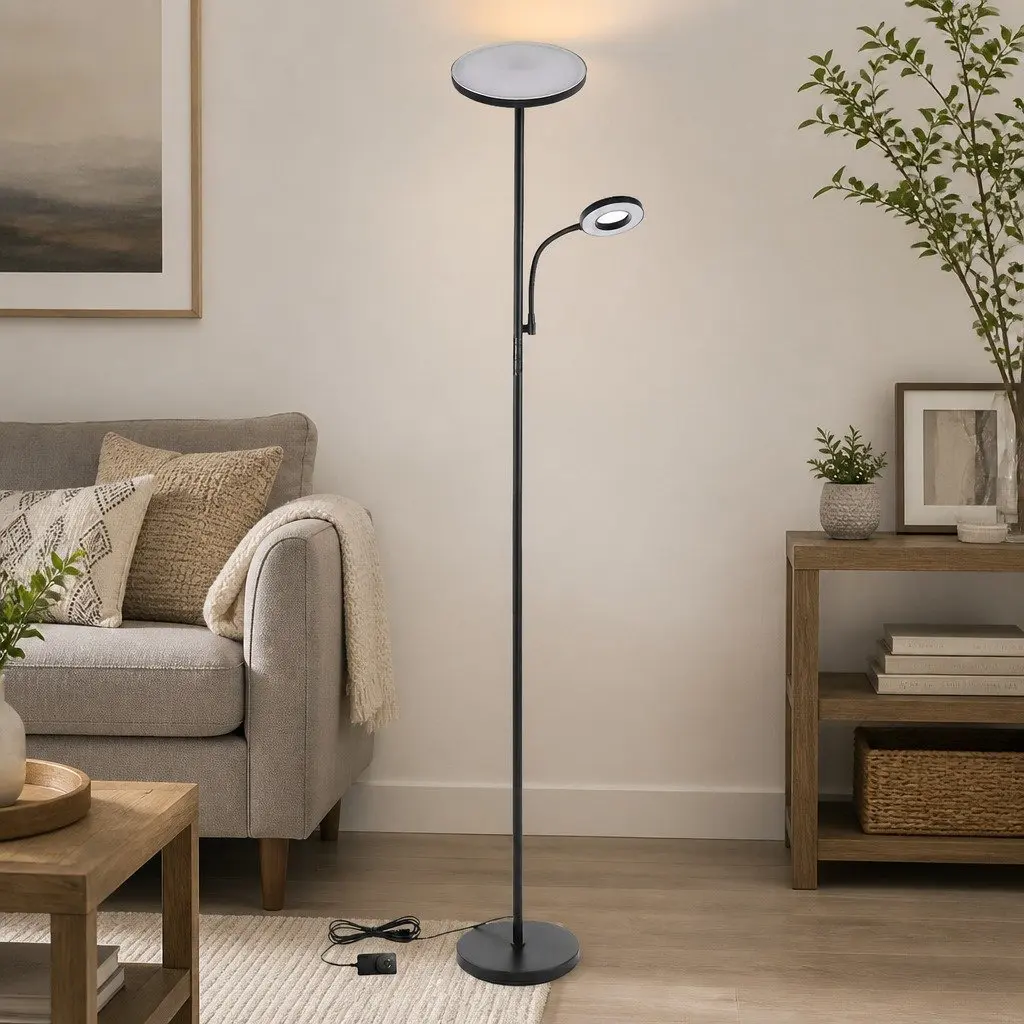 Floor Lamp Modern 2-in-1 Adjustable Reading Light Black 175cm
