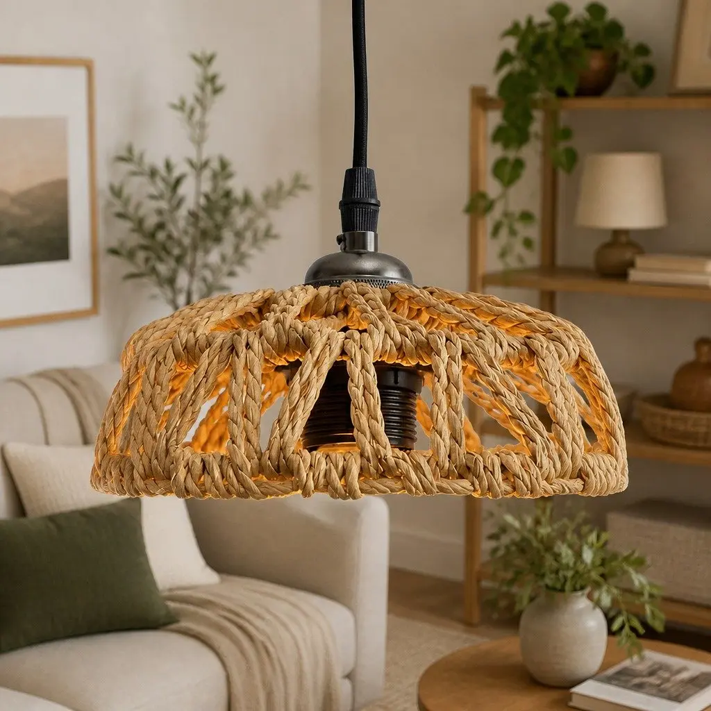 Woven Pendant Light Shade Natural Hemp Rope Iron Frame 23cm x 23cm x 12.5cm