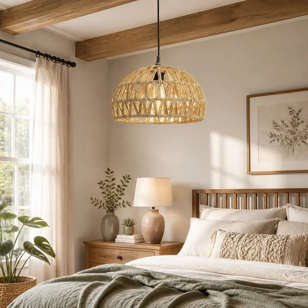 Woven Pendant Light Shade Natural Hemp Rope Iron Frame 23cm x 23cm x 12.5cm