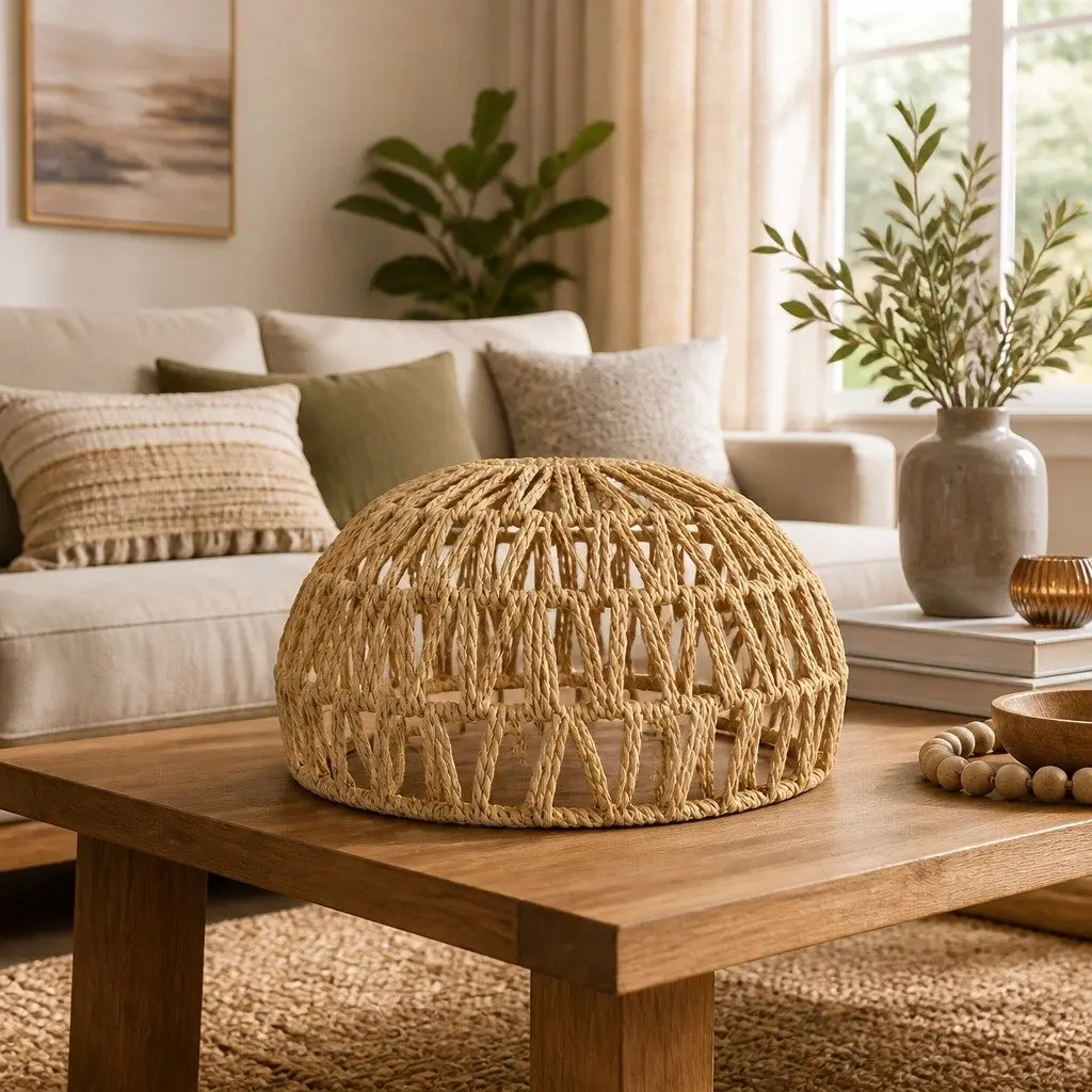 Woven Pendant Light Shade Natural Hemp Rope Iron Frame 23cm x 23cm x 12.5cm