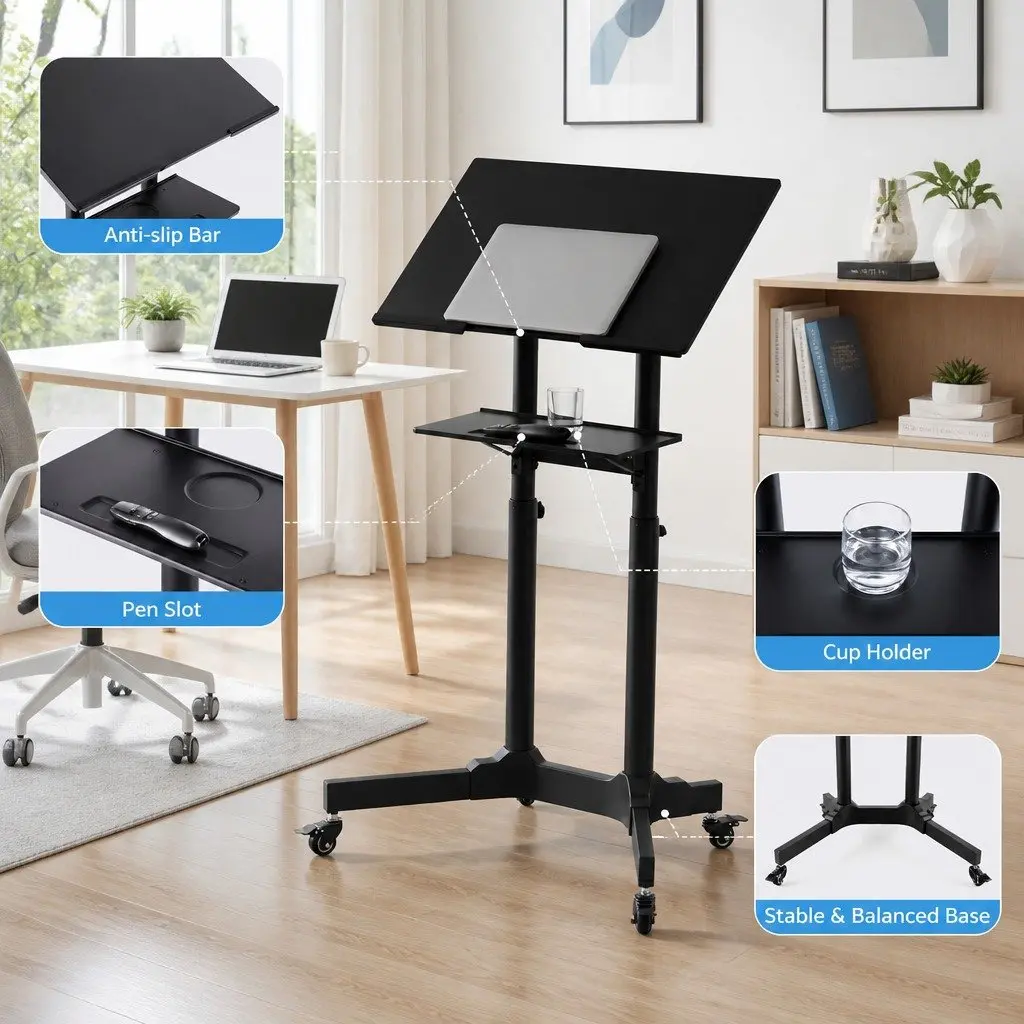 Mobile Lectern Stand Adjustable Height 60cm x 40cm Black