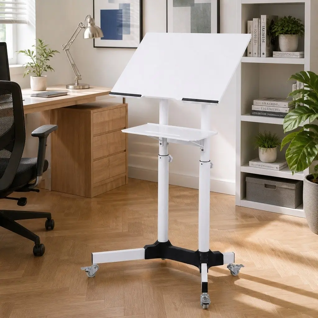 Mobile Lectern Stand Adjustable Height 103cm to 125cm with Tilting Tabletop and Locking Wheels