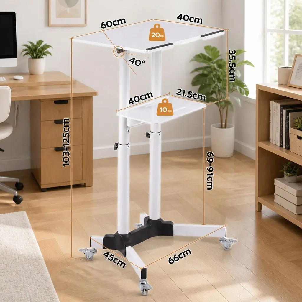 Mobile Lectern Stand Adjustable Height 103cm to 125cm with Tilting Tabletop and Locking Wheels