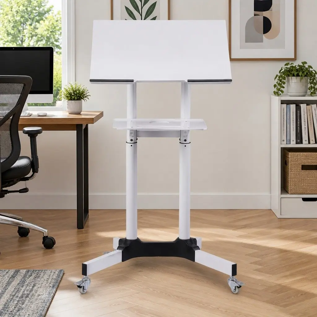 Mobile Lectern Stand Adjustable Height 103cm to 125cm with Tilting Tabletop and Locking Wheels