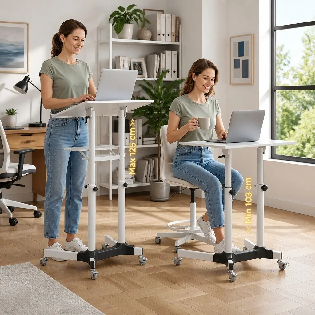 Mobile Lectern Stand Adjustable Height 103cm to 125cm with Tilting Tabletop and Locking Wheels