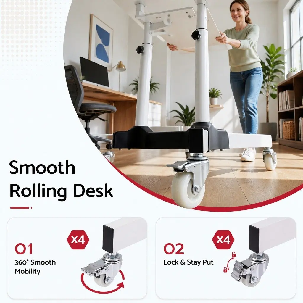 Mobile Lectern Stand Adjustable Height 103cm to 125cm with Tilting Tabletop and Locking Wheels