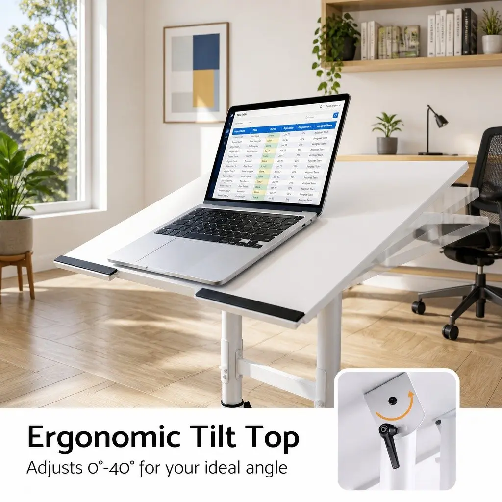 Mobile Lectern Stand Adjustable Height 103cm to 125cm with Tilting Tabletop and Locking Wheels