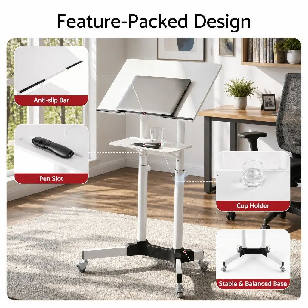 Mobile Lectern Stand Adjustable Height 103cm to 125cm with Tilting Tabletop and Locking Wheels