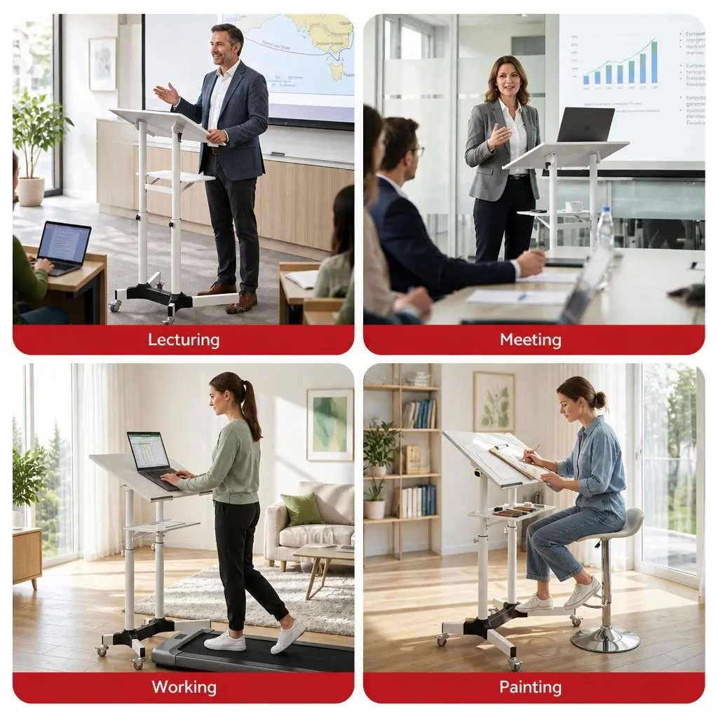 Mobile Lectern Stand Adjustable Height 103cm to 125cm with Tilting Tabletop and Locking Wheels
