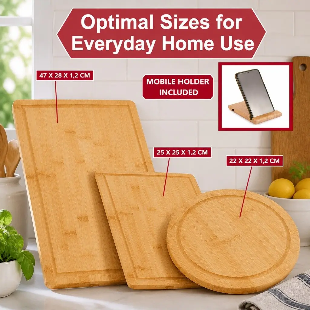 Bamboo Cutting Board Set 3 Pieces with Juice Groove and Mobile Holder