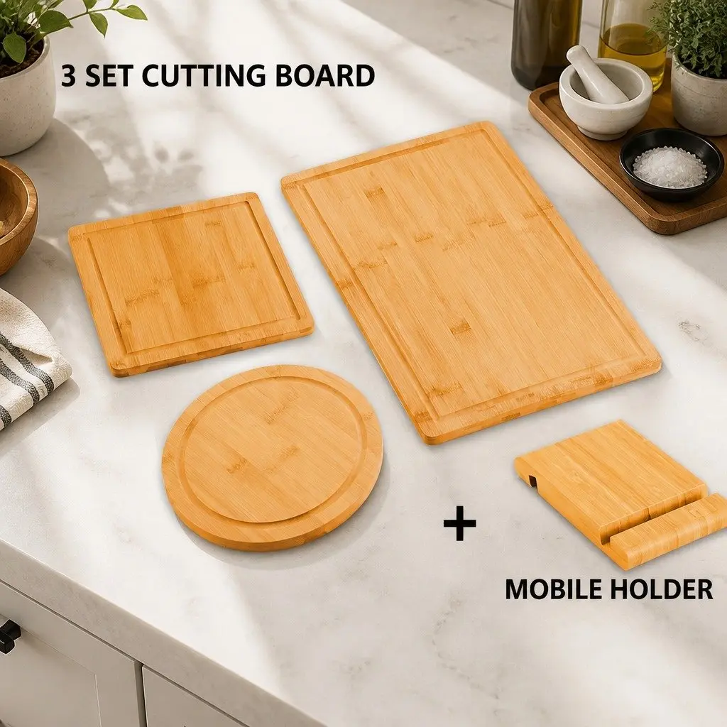Bamboo Cutting Board Set 3 Pieces with Juice Groove and Mobile Holder