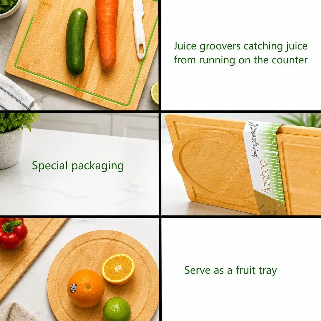 Bamboo Cutting Board Set 3 Pieces with Juice Groove and Mobile Holder