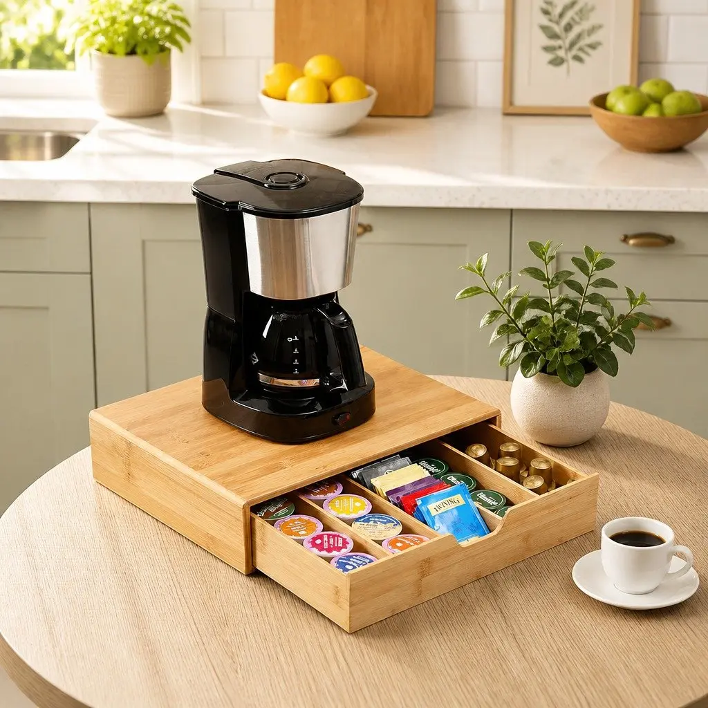 Bamboo K-Cup Coffee Pod Holder Adjustable Drawer Organizer Compact Size