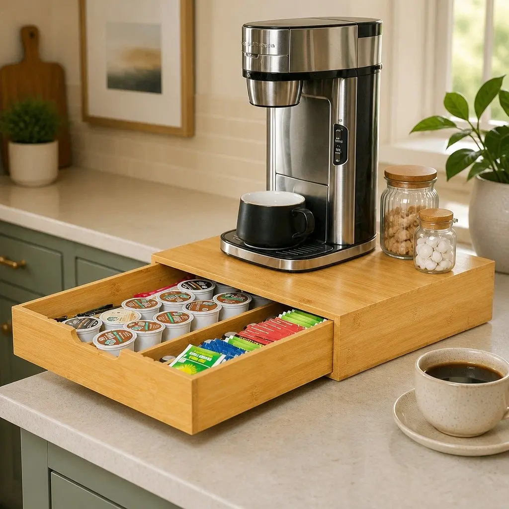 Bamboo K-Cup Coffee Pod Holder Adjustable Drawer Organizer Compact Size