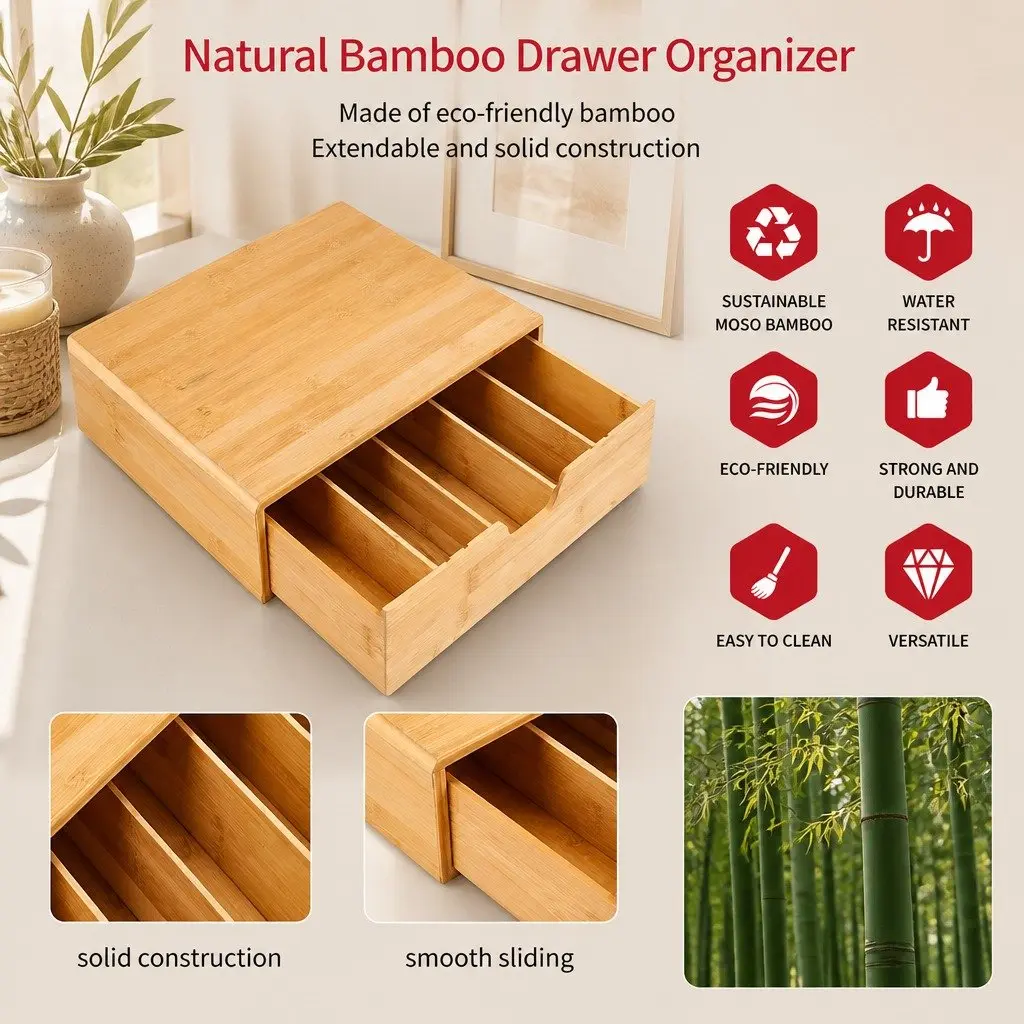 Bamboo K-Cup Coffee Pod Holder Adjustable Drawer Organizer Compact Size