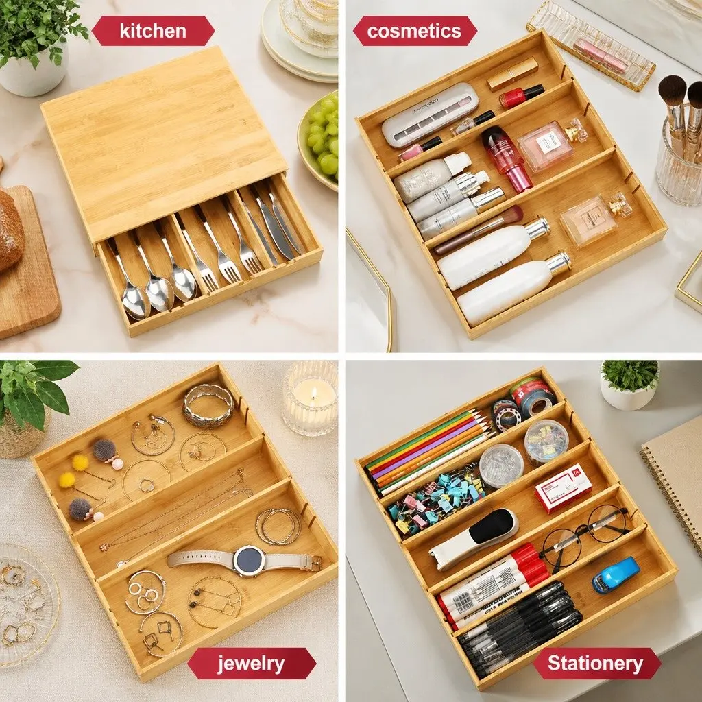 Bamboo K-Cup Coffee Pod Holder Adjustable Drawer Organizer Compact Size