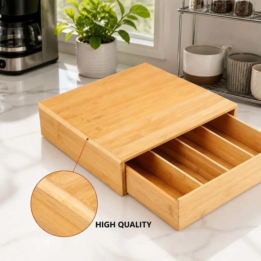 Bamboo K-Cup Coffee Pod Holder Adjustable Drawer Organizer Compact Size