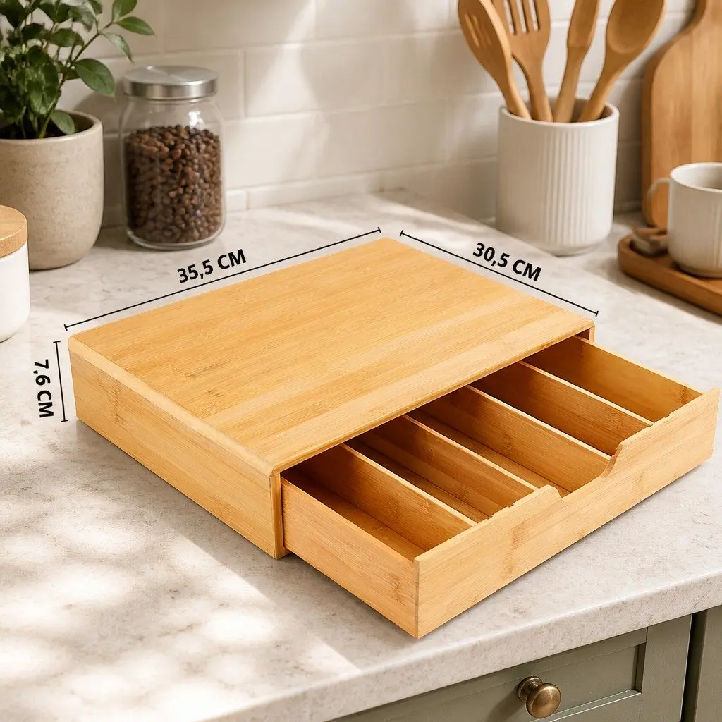 Bamboo K-Cup Coffee Pod Holder Adjustable Drawer Organizer Compact Size