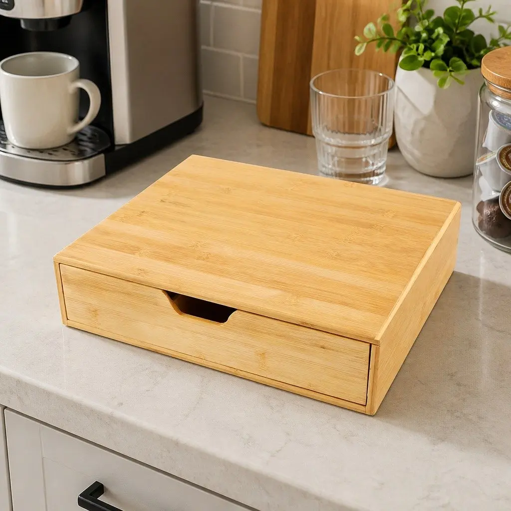 Bamboo K-Cup Coffee Pod Holder Adjustable Drawer Organizer Compact Size