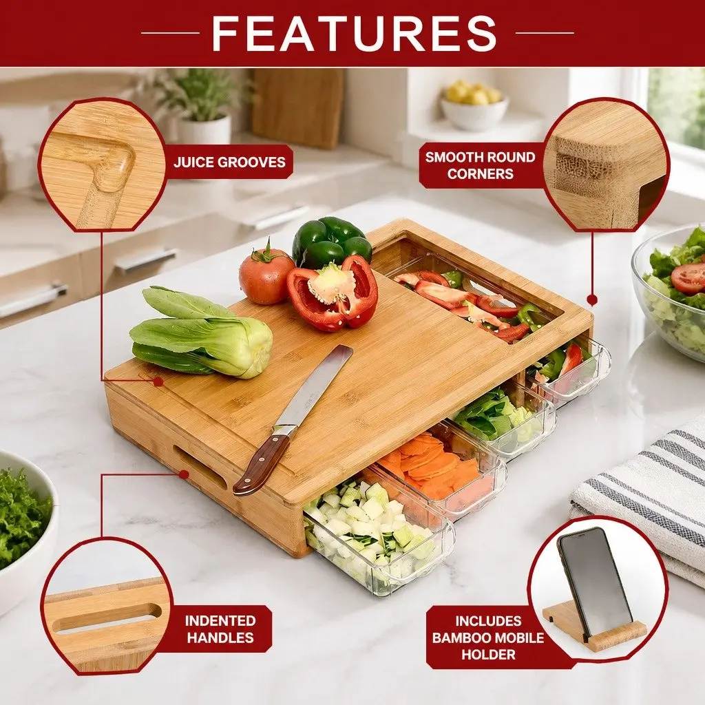 Bamboo Cutting Board with Storage & Holder