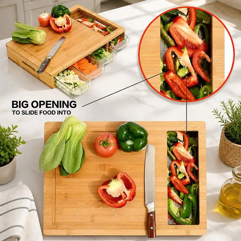 Bamboo Cutting Board with Storage & Holder
