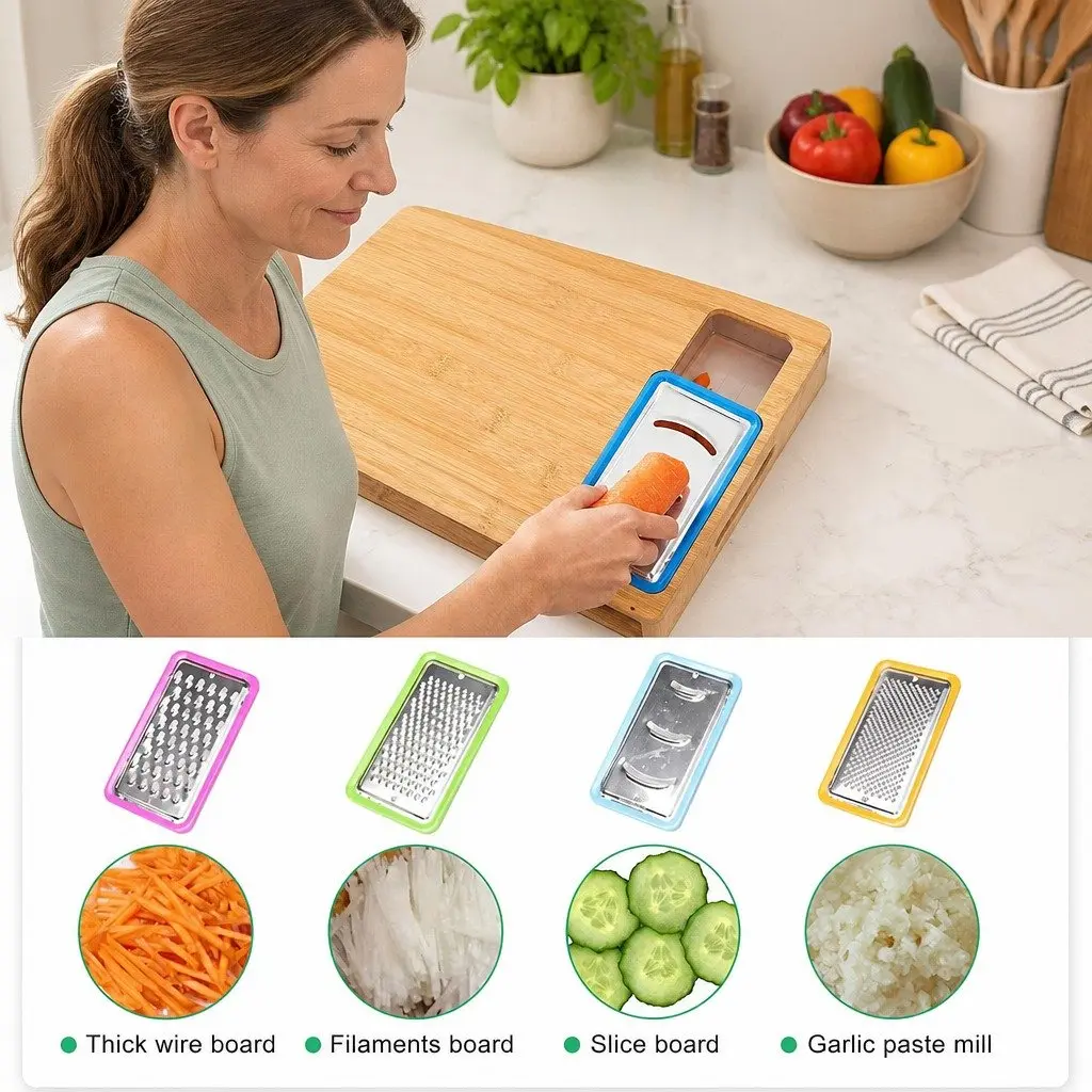 Bamboo Cutting Board with Storage & Holder