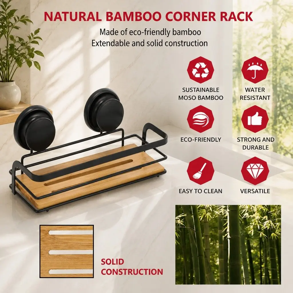 Shower Caddy Shelf 2 Tier Bamboo Storage Basket Corner Rack for Bathroom Kitchen