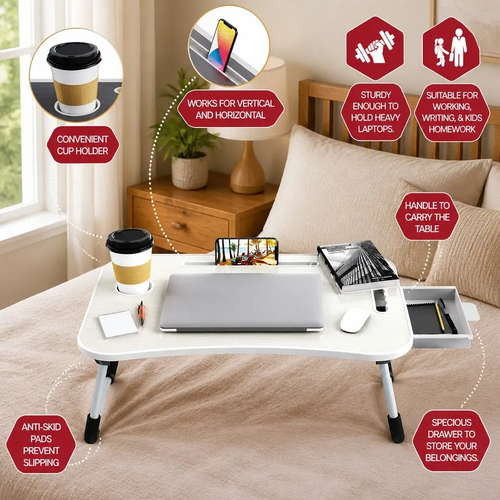 Laptop Bed Desk Foldable Portable Writing Table Storage Space Adults Kids Home