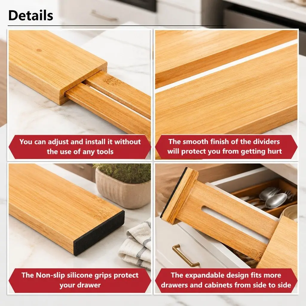 Kitchen Drawer Dividers Adjustable Bamboo Organizer 44-55cm Large 12 Piece Set