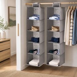 Hanging Closet Organizer 5-Tier Shelf Storage Clothes Foldable Grey 2 Pack