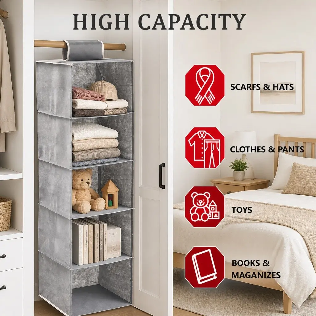 Hanging Closet Organizer 5-Tier Shelf Storage Clothes Foldable Grey 2 Pack