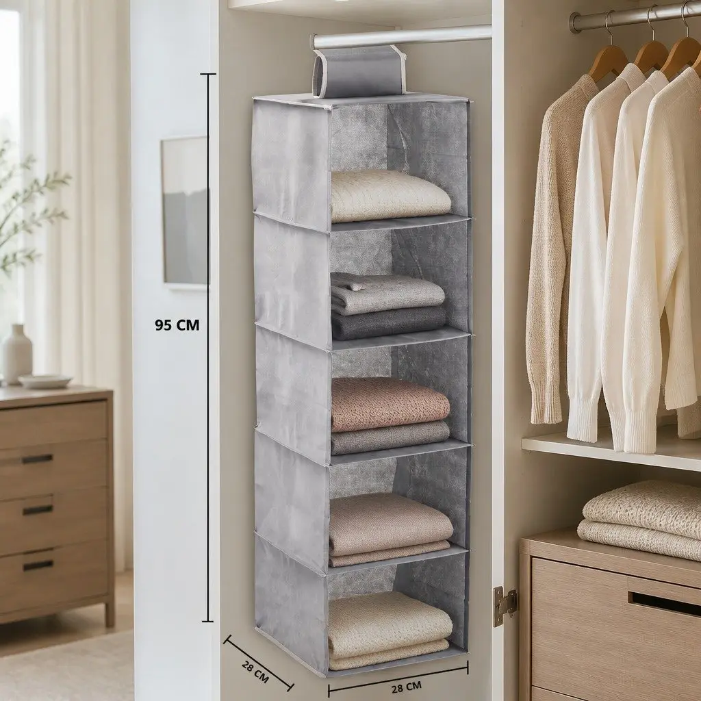 Hanging Closet Organizer 5-Tier Shelf Storage Clothes Foldable Grey 2 Pack