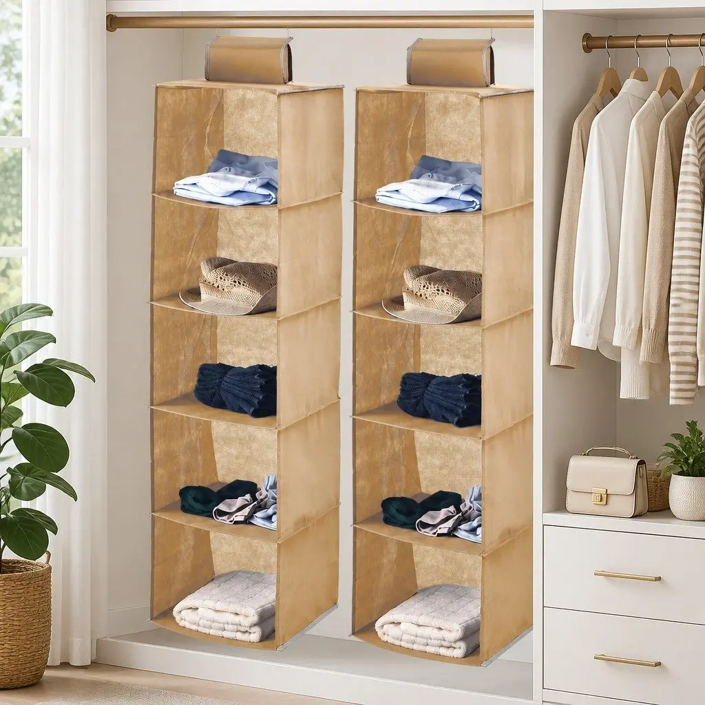 Hanging Closet Organizer 5-Tier Shelf Storage for Clothes Foldable Pack of 2