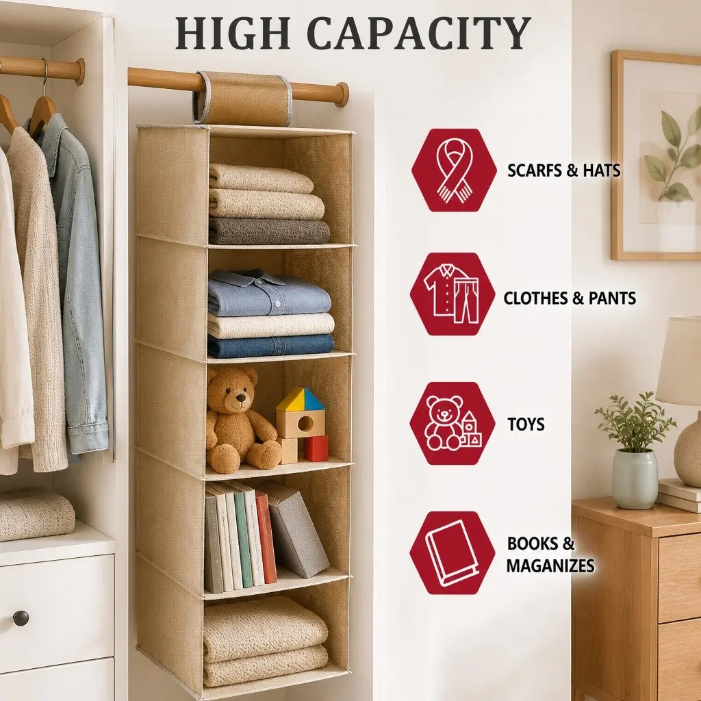 Hanging Closet Organizer 5-Tier Shelf Storage for Clothes Foldable Pack of 2