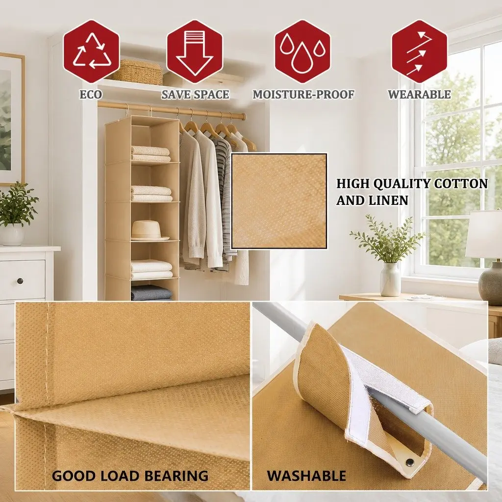 Hanging Closet Organizer 5-Tier Shelf Storage for Clothes Foldable Pack of 2