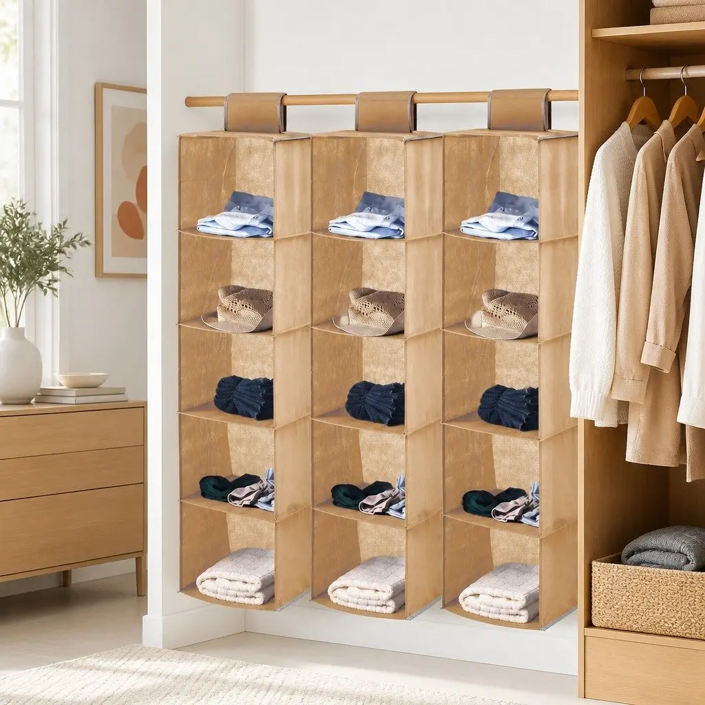 Hanging Closet Organizer 5-Tier Foldable Beige 3 Pack