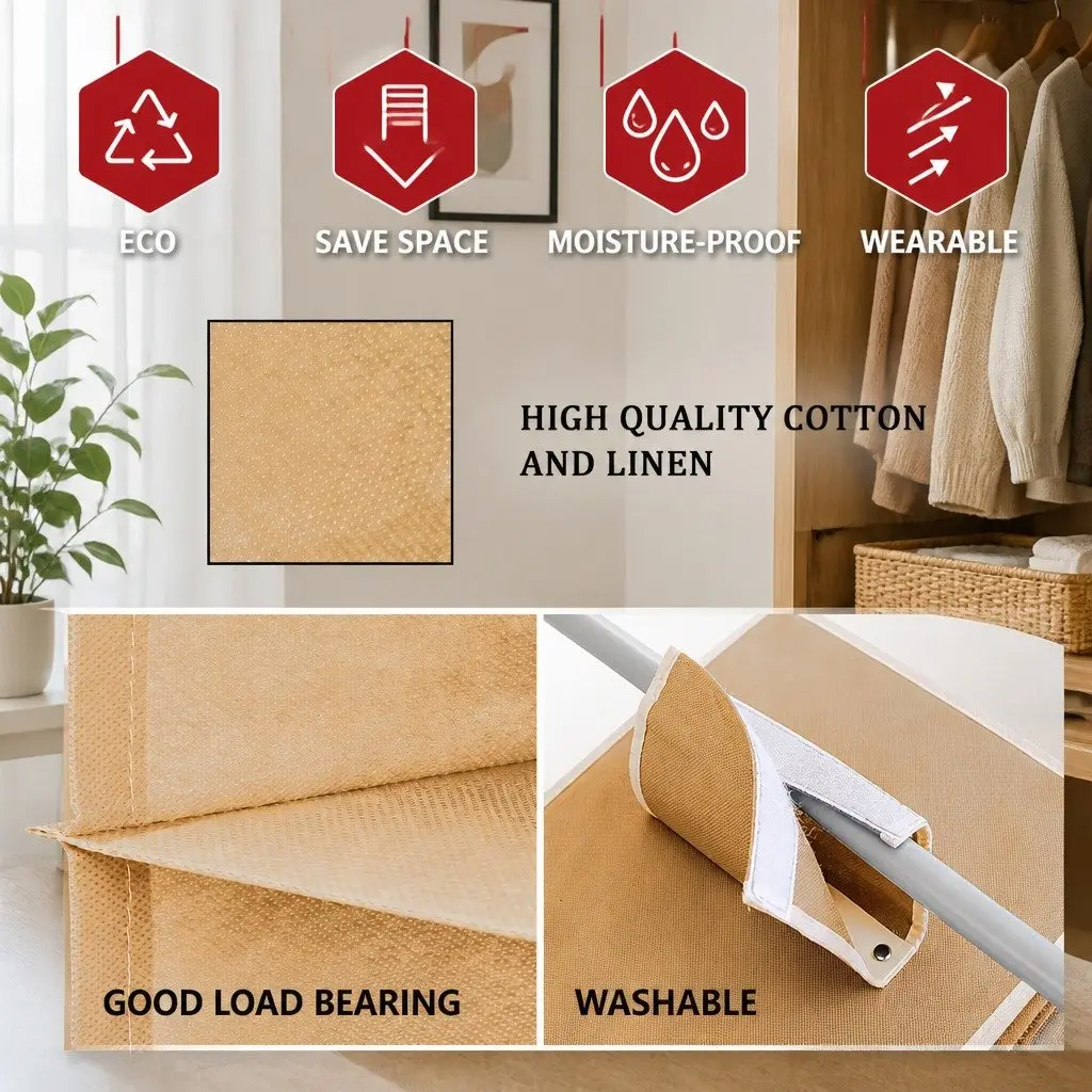Hanging Closet Organizer 5-Tier Foldable Beige 3 Pack