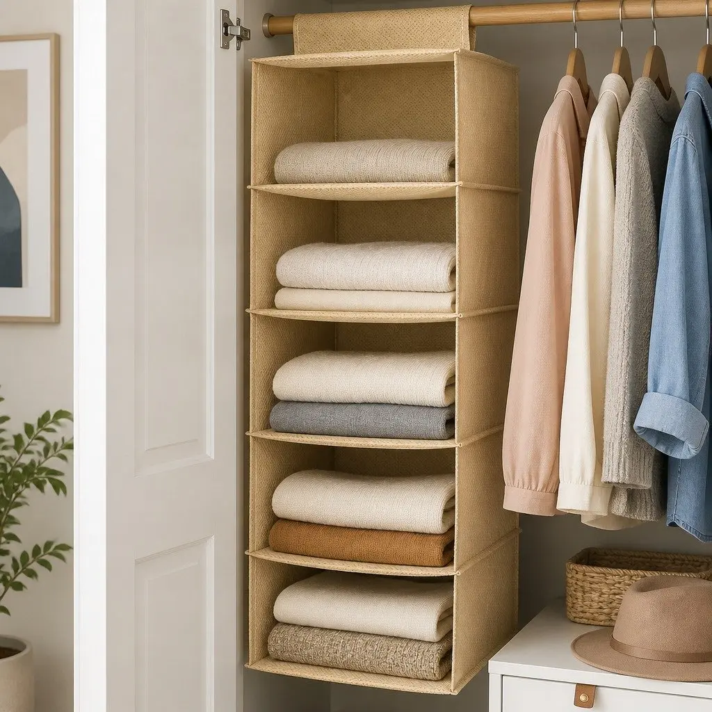 Hanging Closet Organizer 5-Tier Foldable Beige 3 Pack
