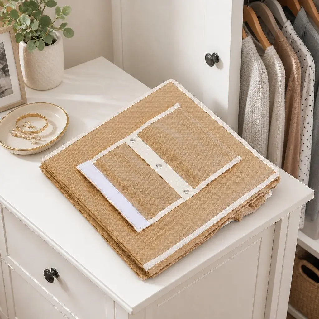 Hanging Closet Organizer 5-Tier Foldable Beige 3 Pack