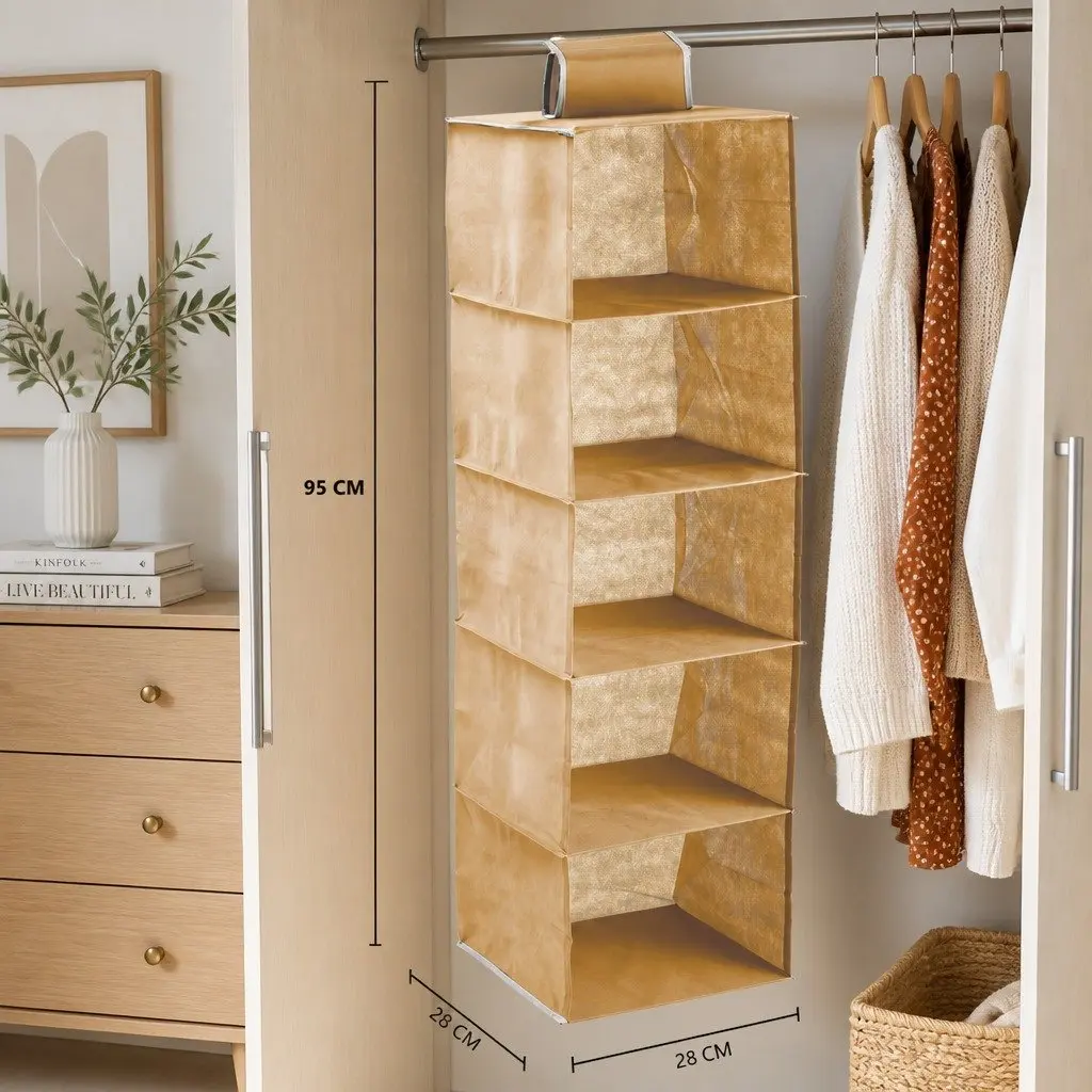 Hanging Closet Organizer 5-Tier Foldable Beige 3 Pack