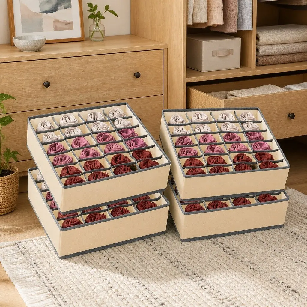 Fabric Drawer Organizer Storage Boxes Set of 4 Foldable Beige 64 x 10 x 6 cm