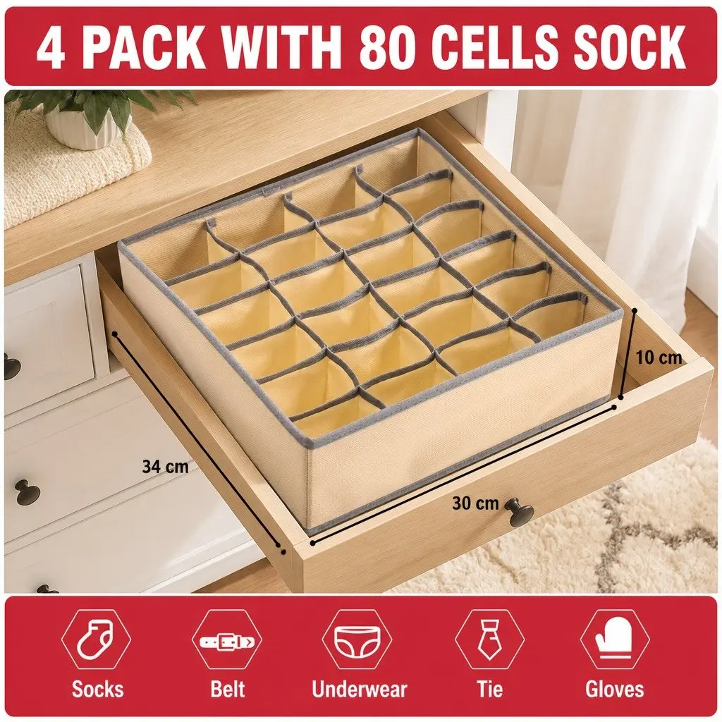 Fabric Drawer Organizer Storage Boxes Set of 4 Foldable Beige 64 x 10 x 6 cm