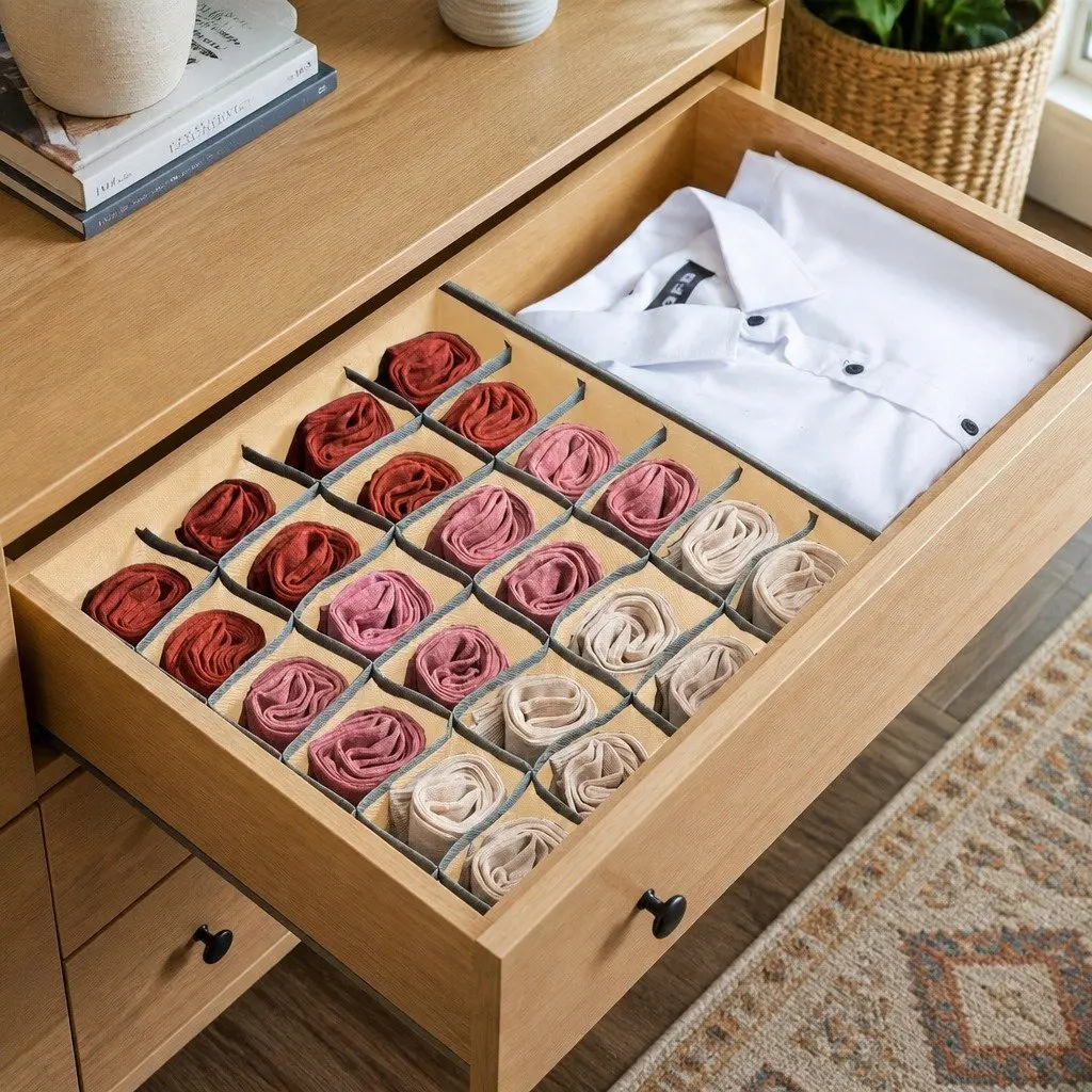 Fabric Drawer Organizer Storage Boxes Set of 4 Foldable Beige 64 x 10 x 6 cm